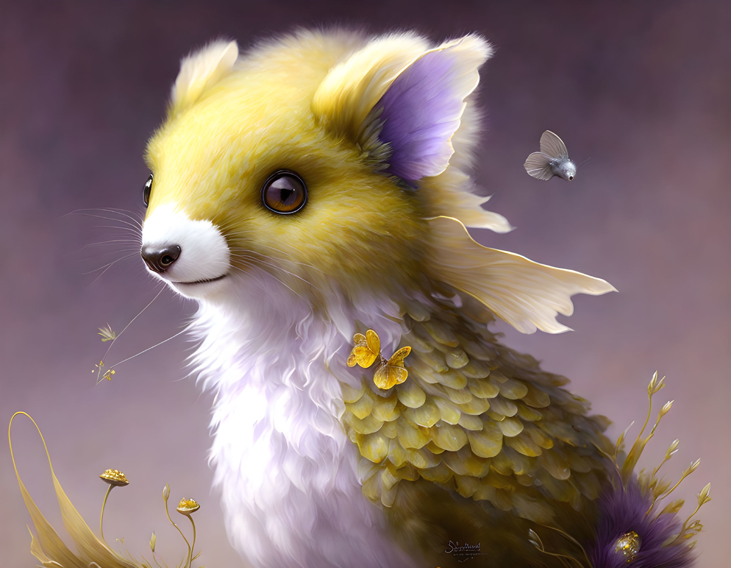 Fantasy creature with fox-like head, green scaly body, surrounded by flowers.