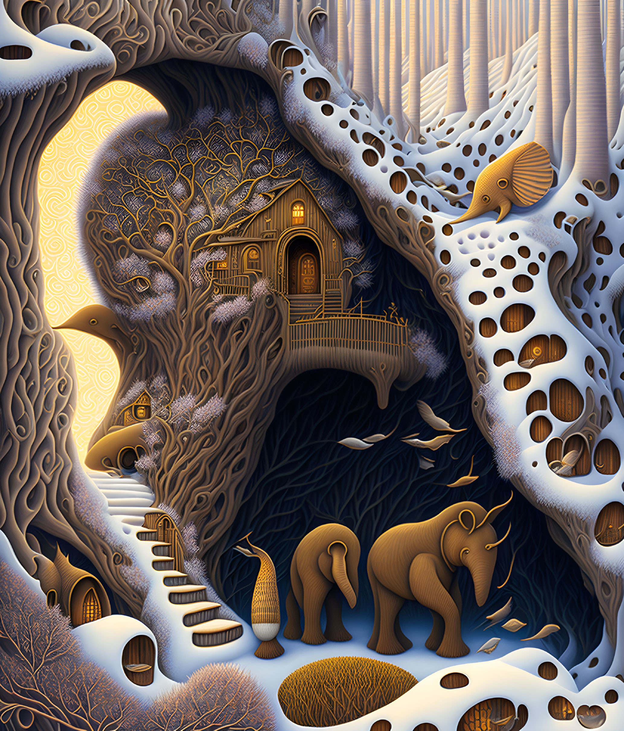 Whimsical forest scene with stylized trees, animals, house, and stairs