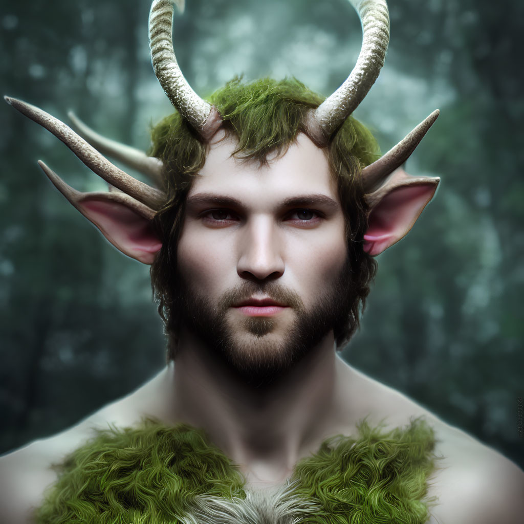 Horned figure in green fur-like garment against misty backdrop