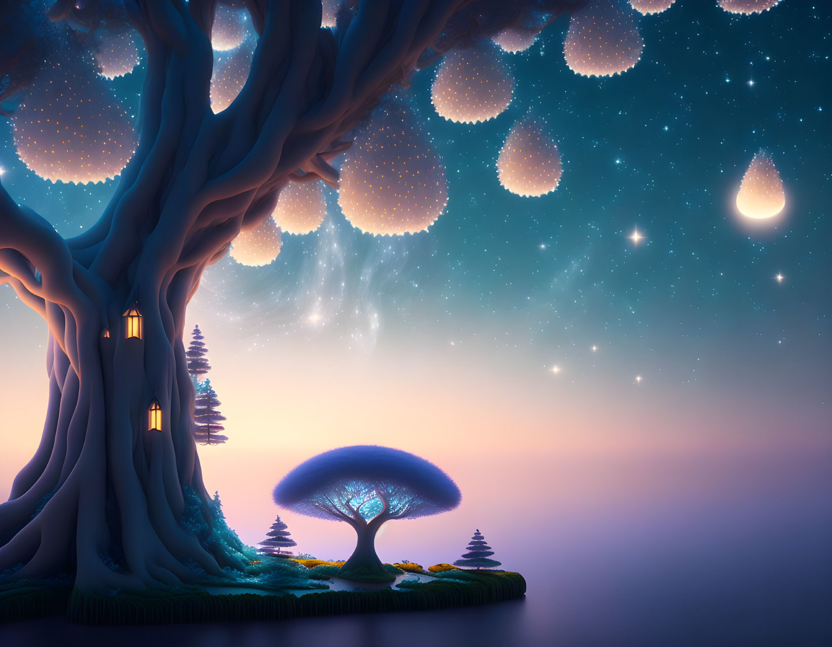 Enchanting nightscape with glowing orbs, lanterns, tree, stars.