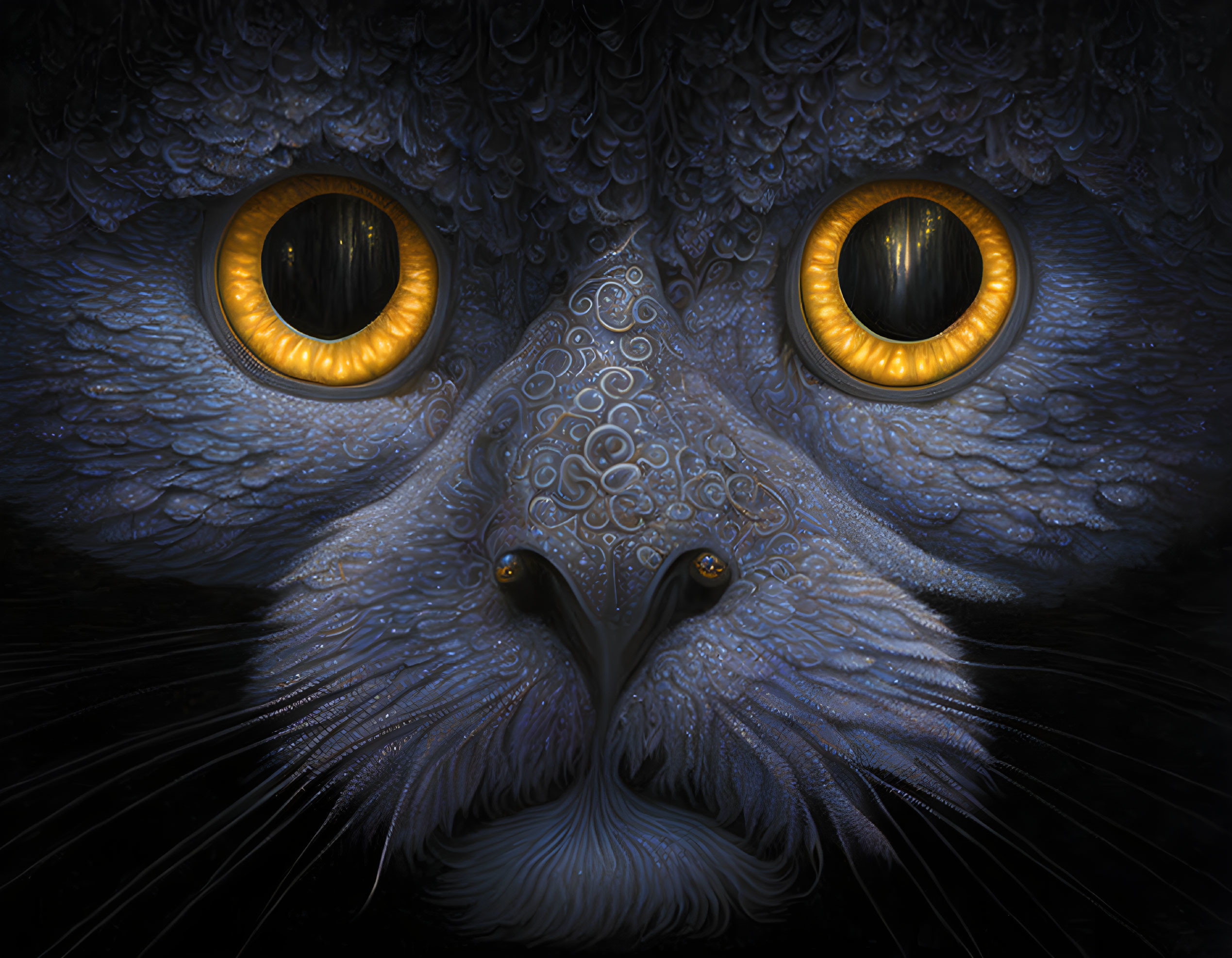 Detailed Close-Up Digital Art: Cat's Face with Yellow Eyes and Blue Fur