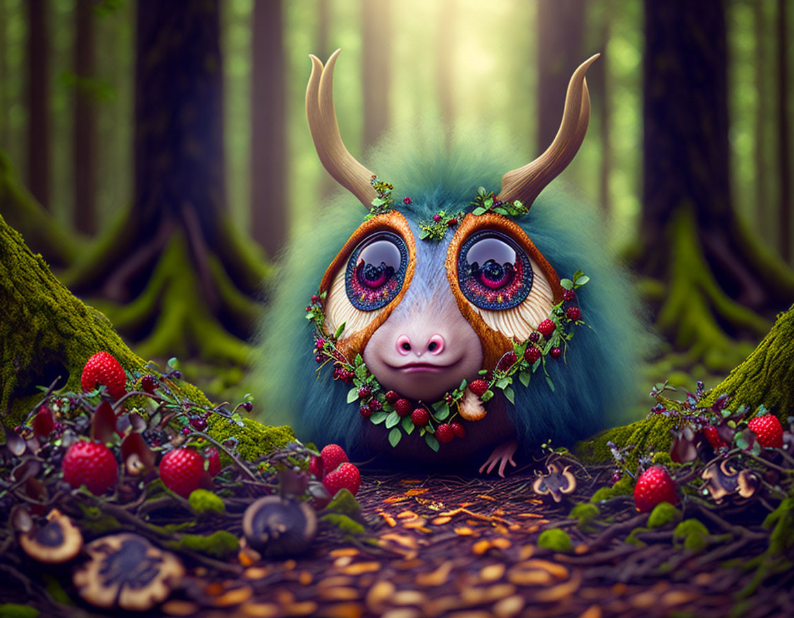 Colorful creature with large eyes and horns in enchanted forest with strawberries and mushrooms.