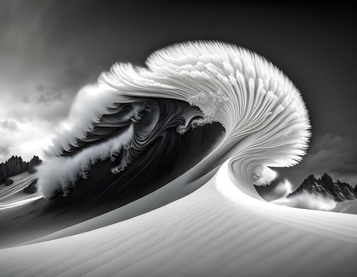 Monochromatic surreal wave structure with feather-like details amid mountainous backdrop