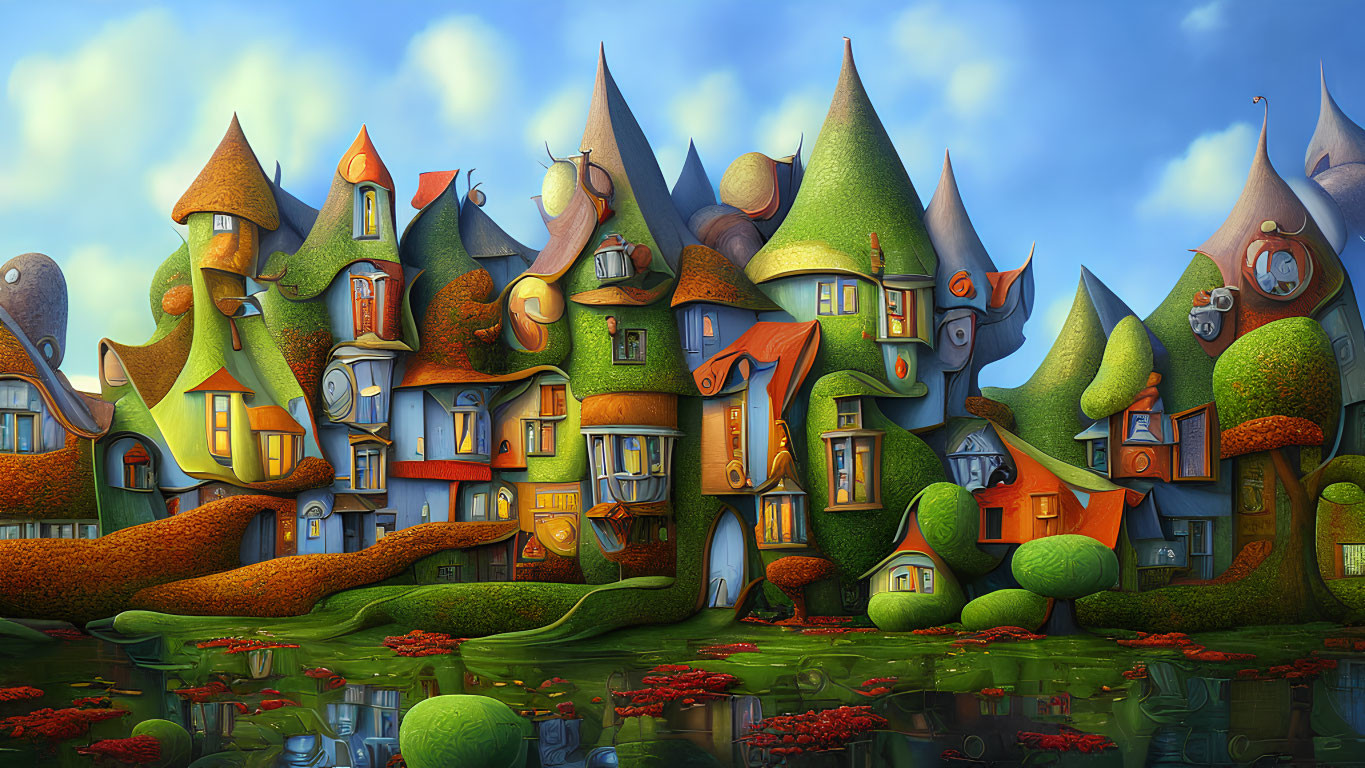 Colorful Topsy-Turvy Village by Tranquil Lily Pond