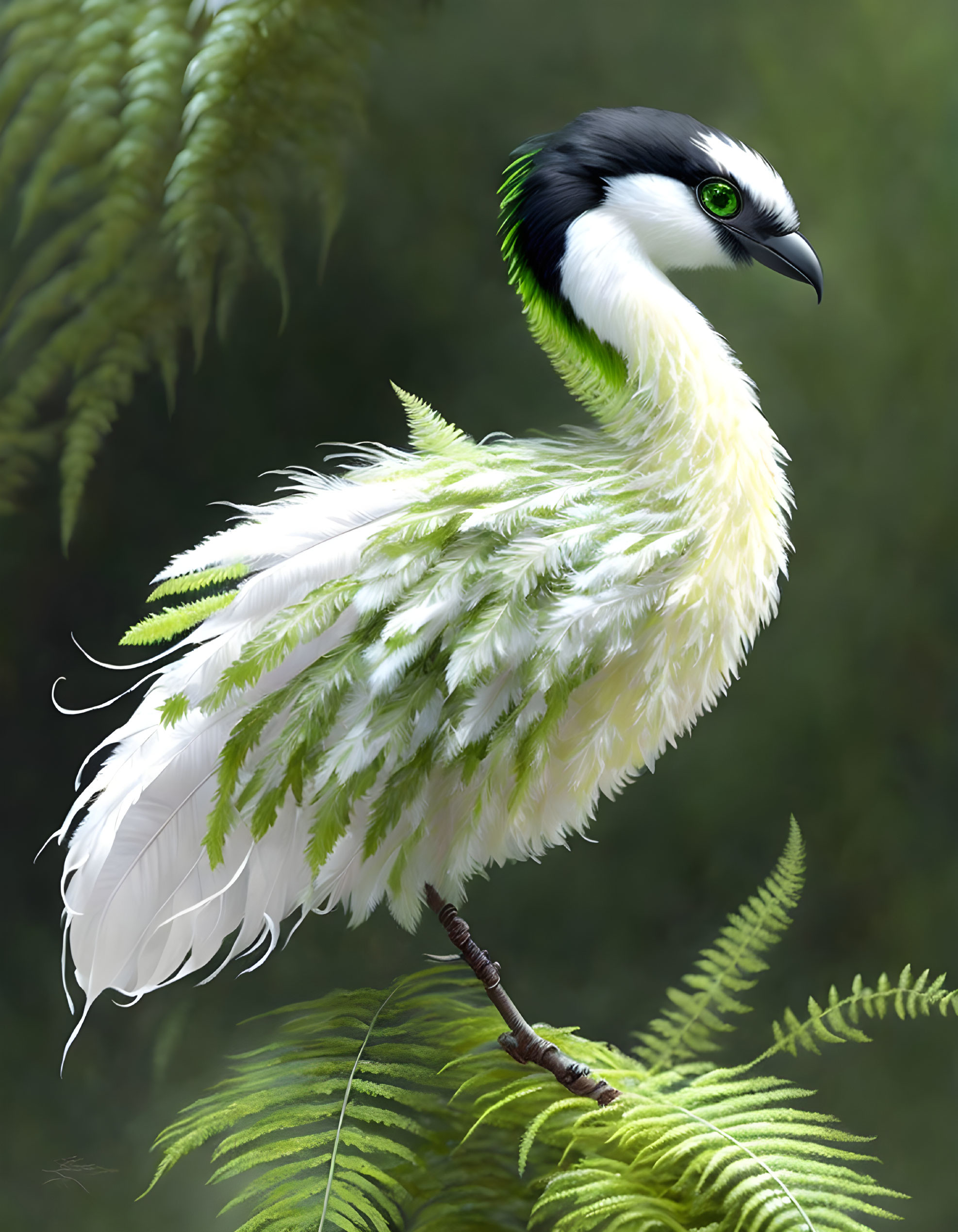 Bird with White and Green Plumage Perched Among Ferns