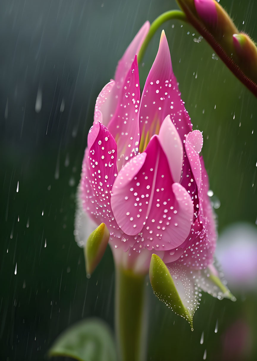 Pink flower with raindrops on petals in soft rain background