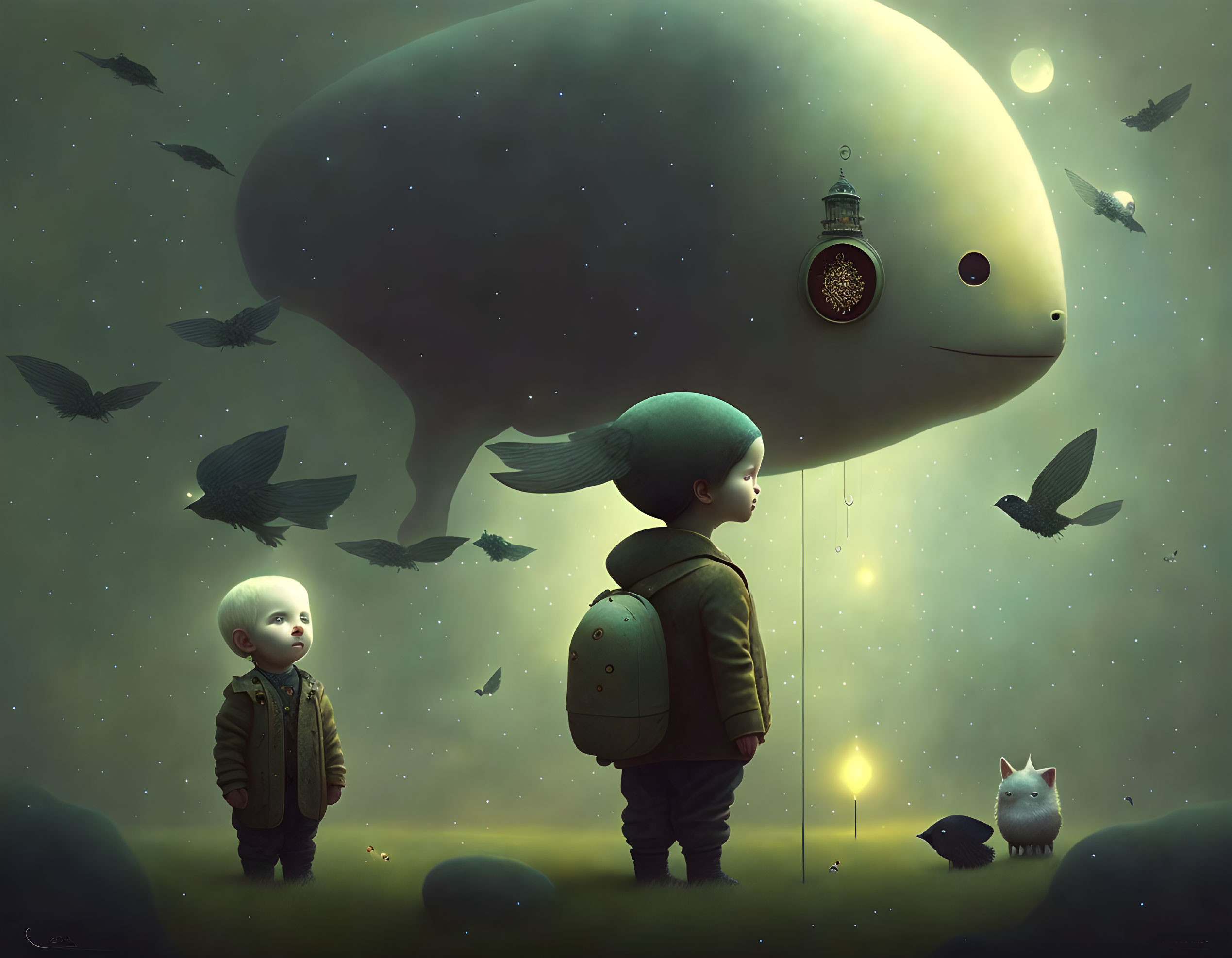 Illustration of children, floating whale, birds, and pocket watch under starry sky