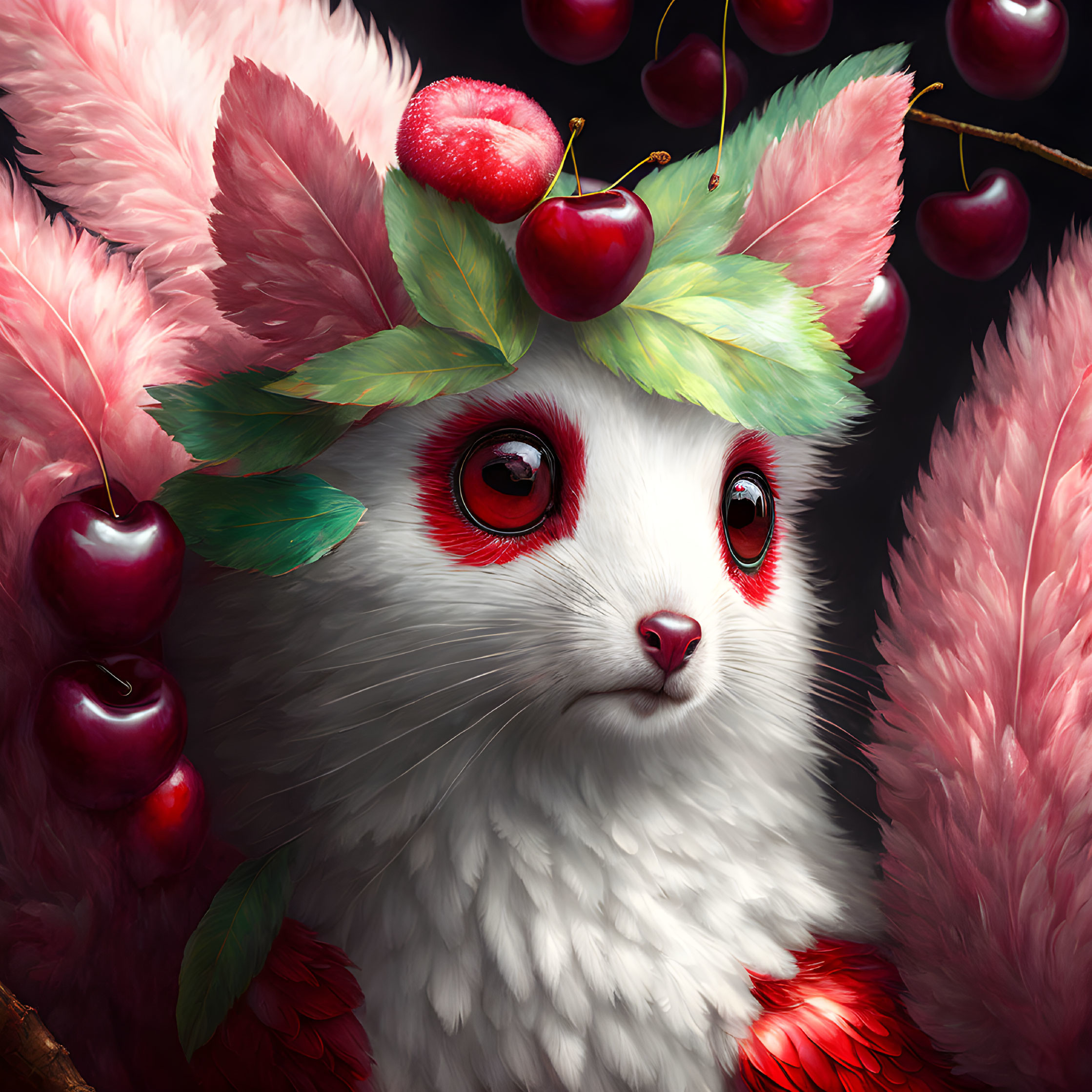 Whimsical digital artwork of white creature with rabbit-like features surrounded by cherries and leaves