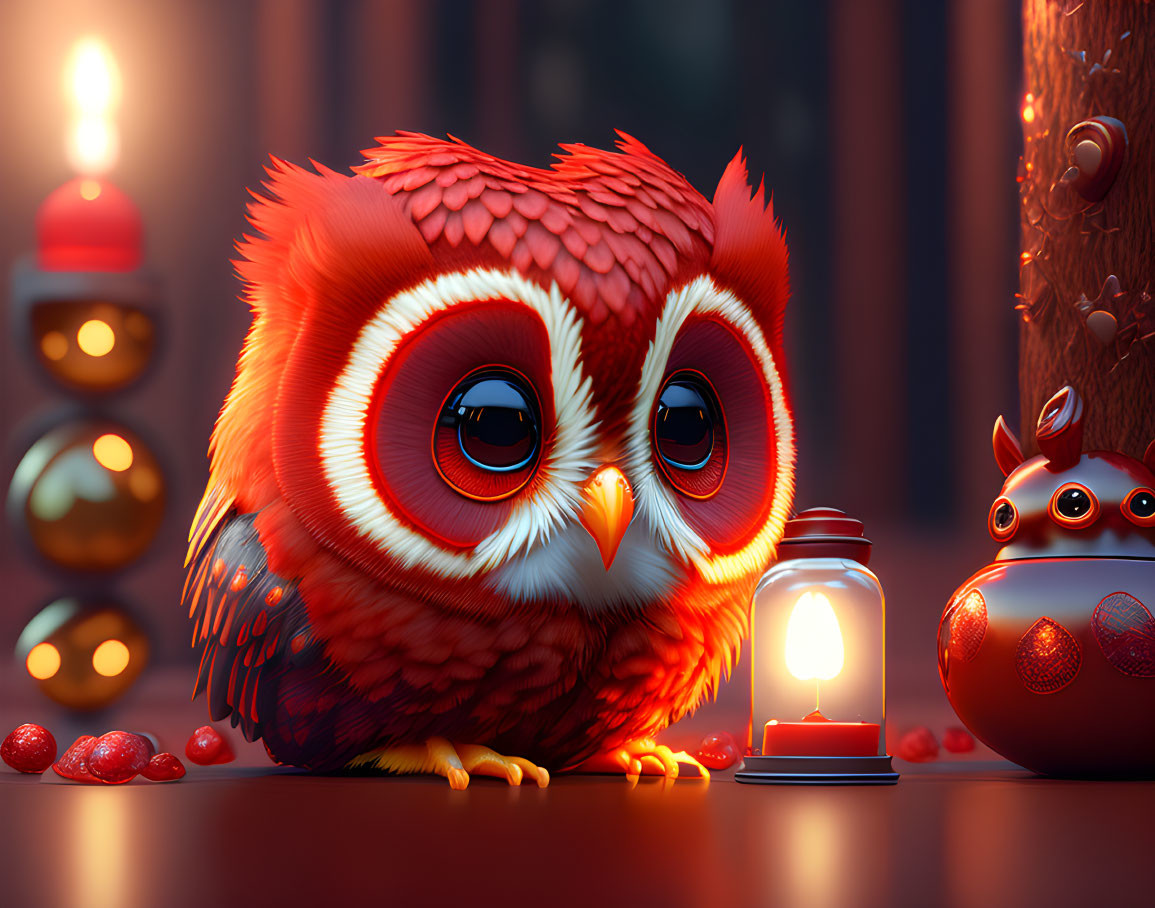 Stylized animated owl beside lantern in cozy festive setting