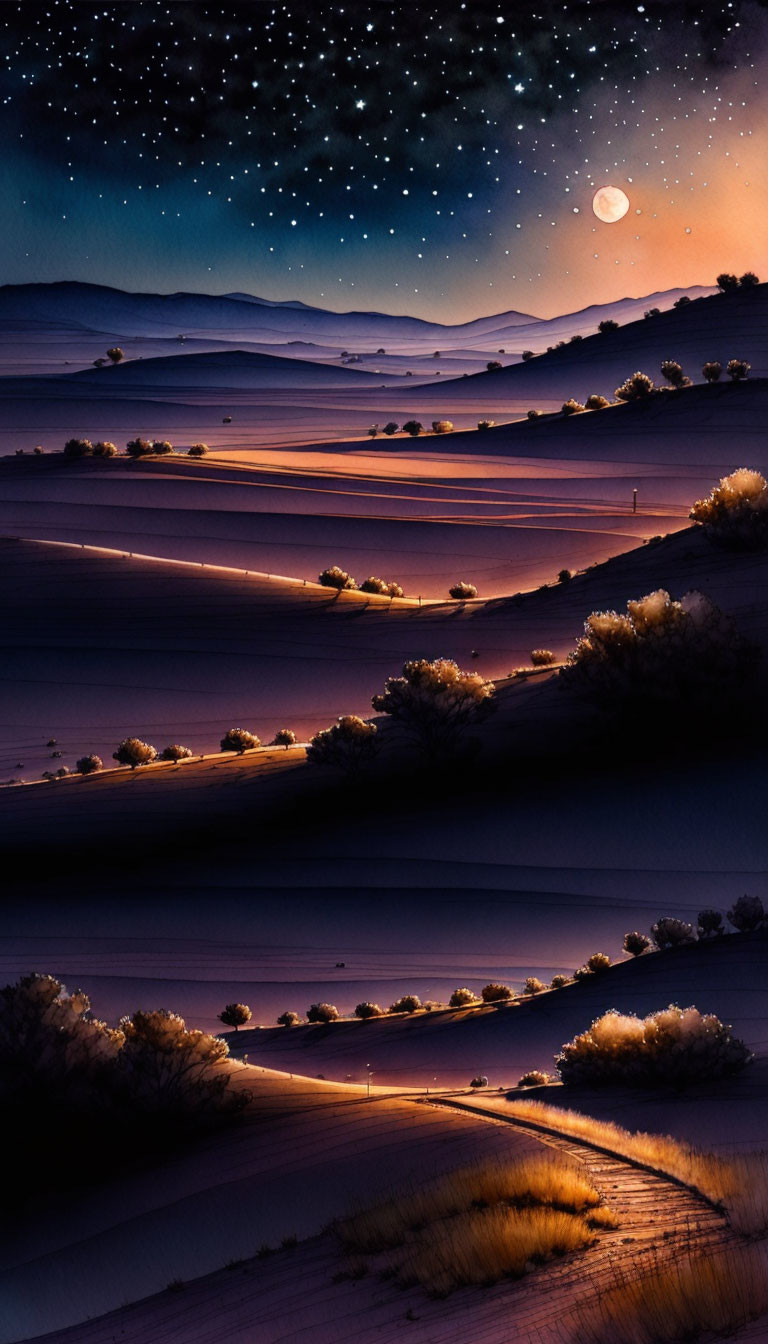 Nocturnal desert landscape with full moon and starry sky