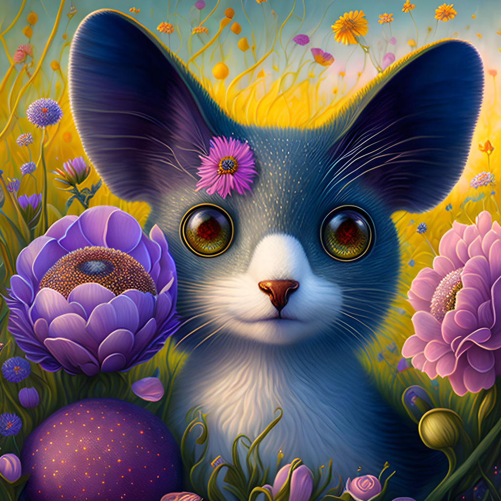 Grey and White Kitten Among Colorful Flowers and Blossom