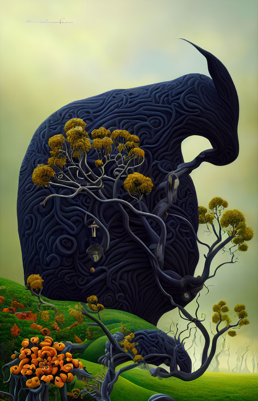 Surreal painting of blue elephant structure with trees and flowers