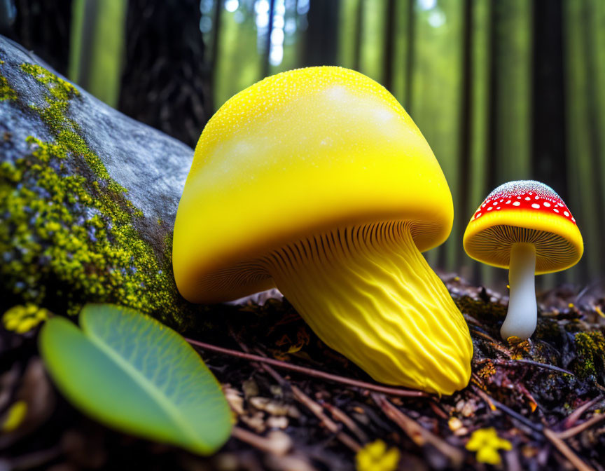 Colorful Yellow and Red Mushrooms in Forest Scene