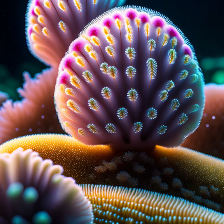 Colorful sea anemone with pink neon tips and orange patterned body.