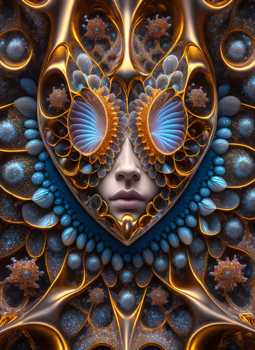 Symmetrical human face digital art with butterfly wings and jewel-toned orbs