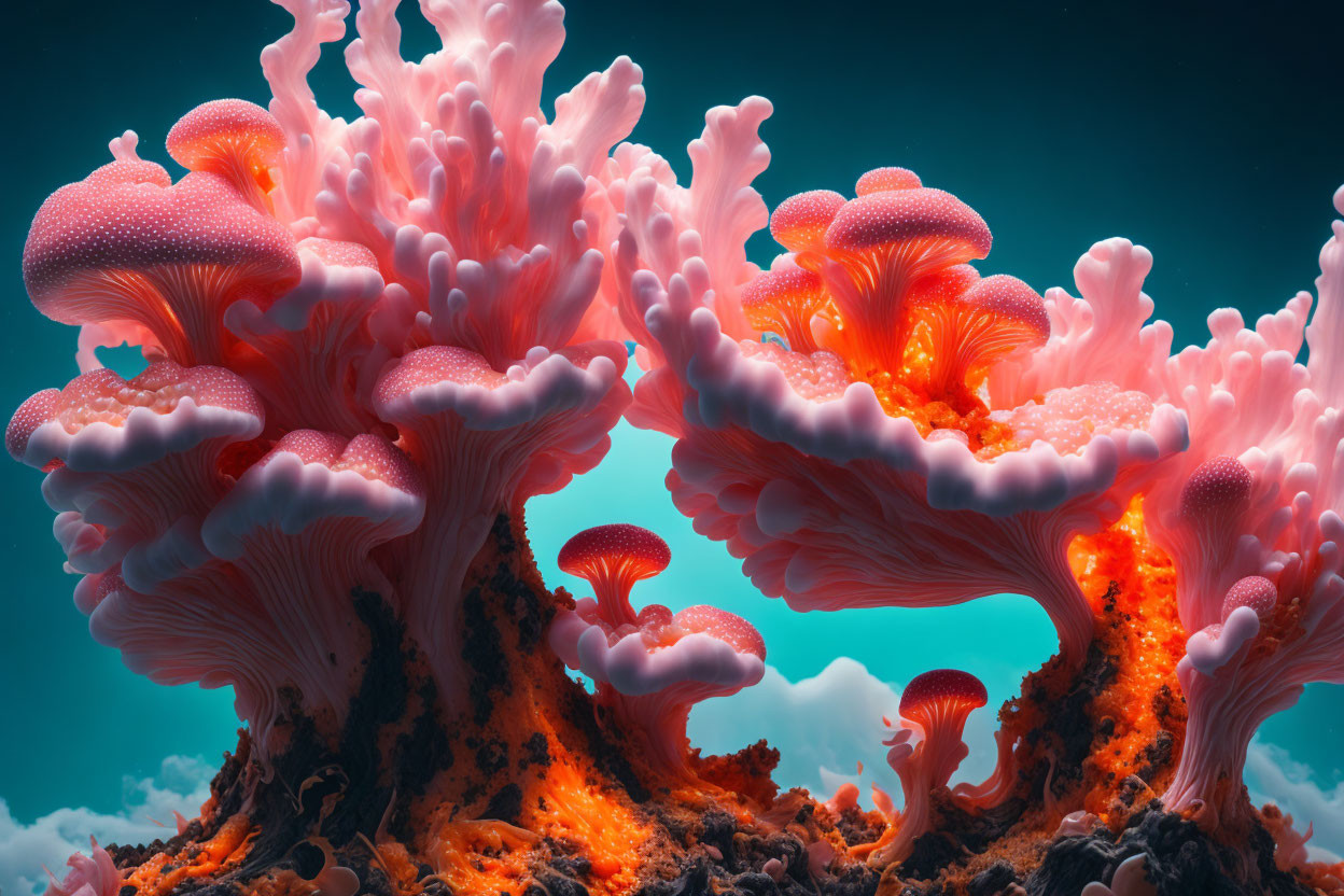 Fiery orange coral formations in surreal underwater landscape