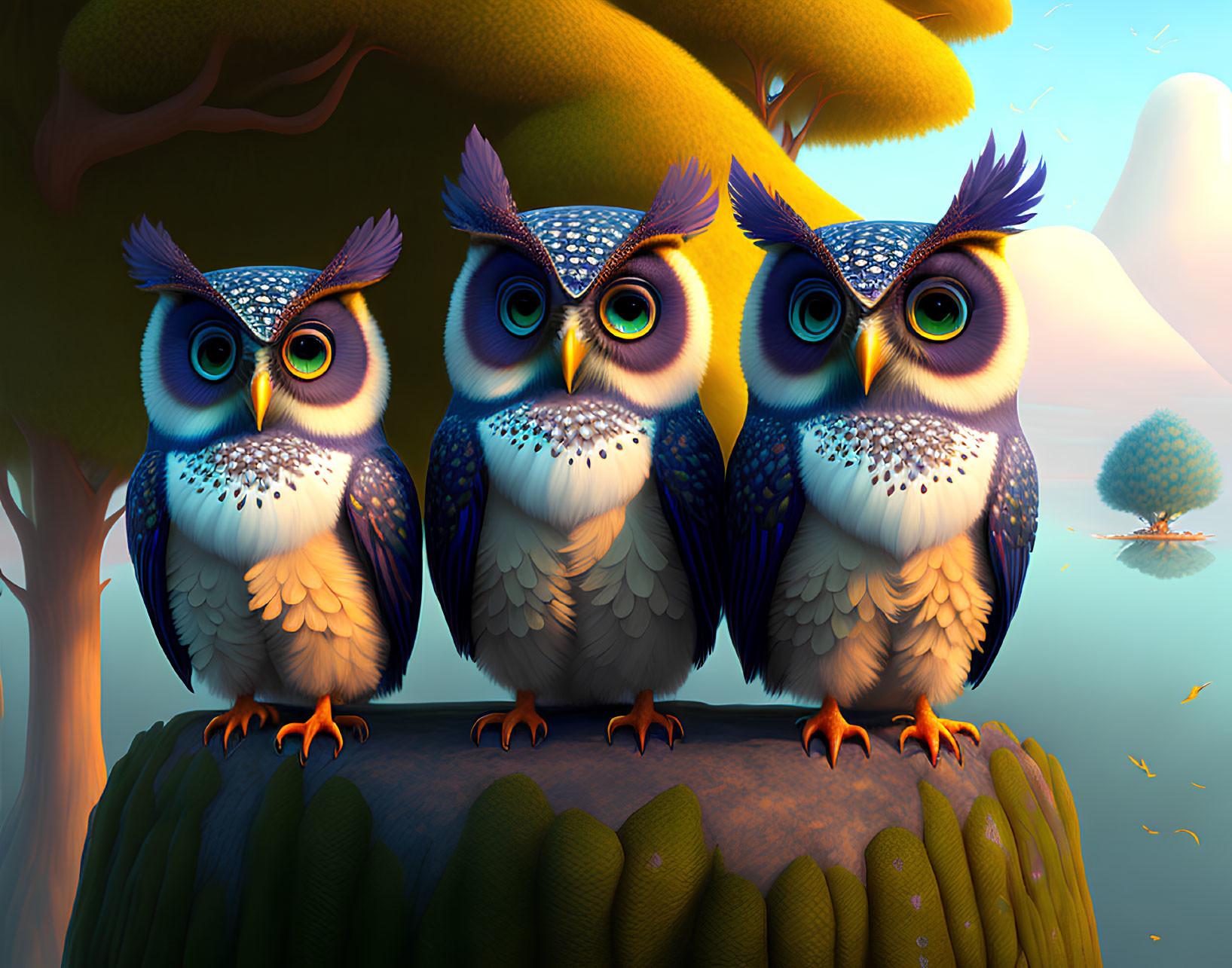 Colorful animated owls on branch in magical forest