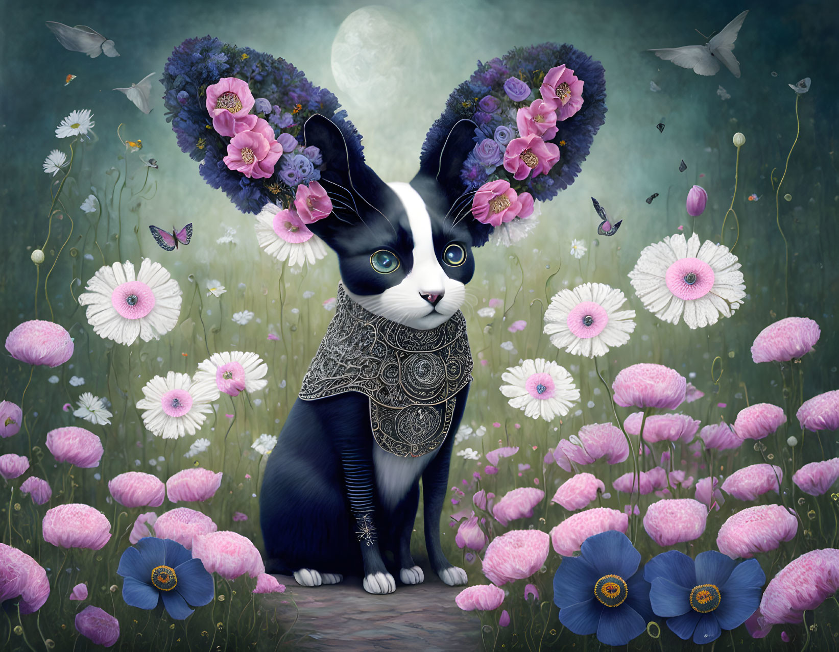 Illustration of black-and-white cat with colorful flowers in moonlit field