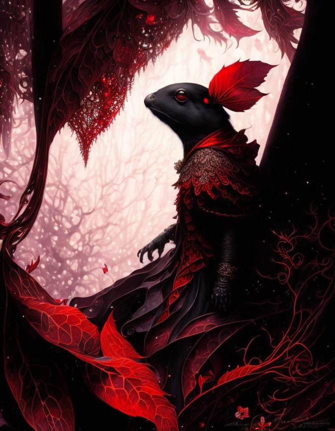 Black lizard with red accents in regal cape in mystical red and black forest