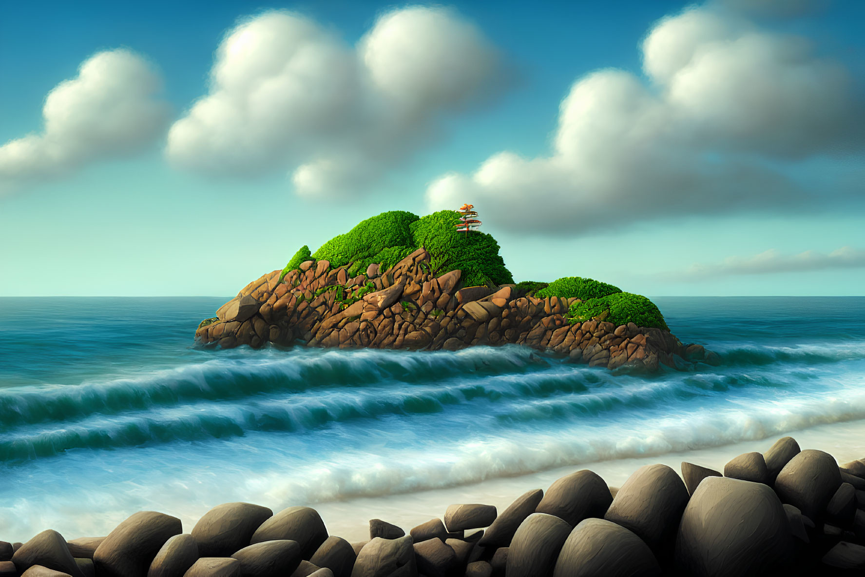 Tranquil digital art of lush island with lighthouse