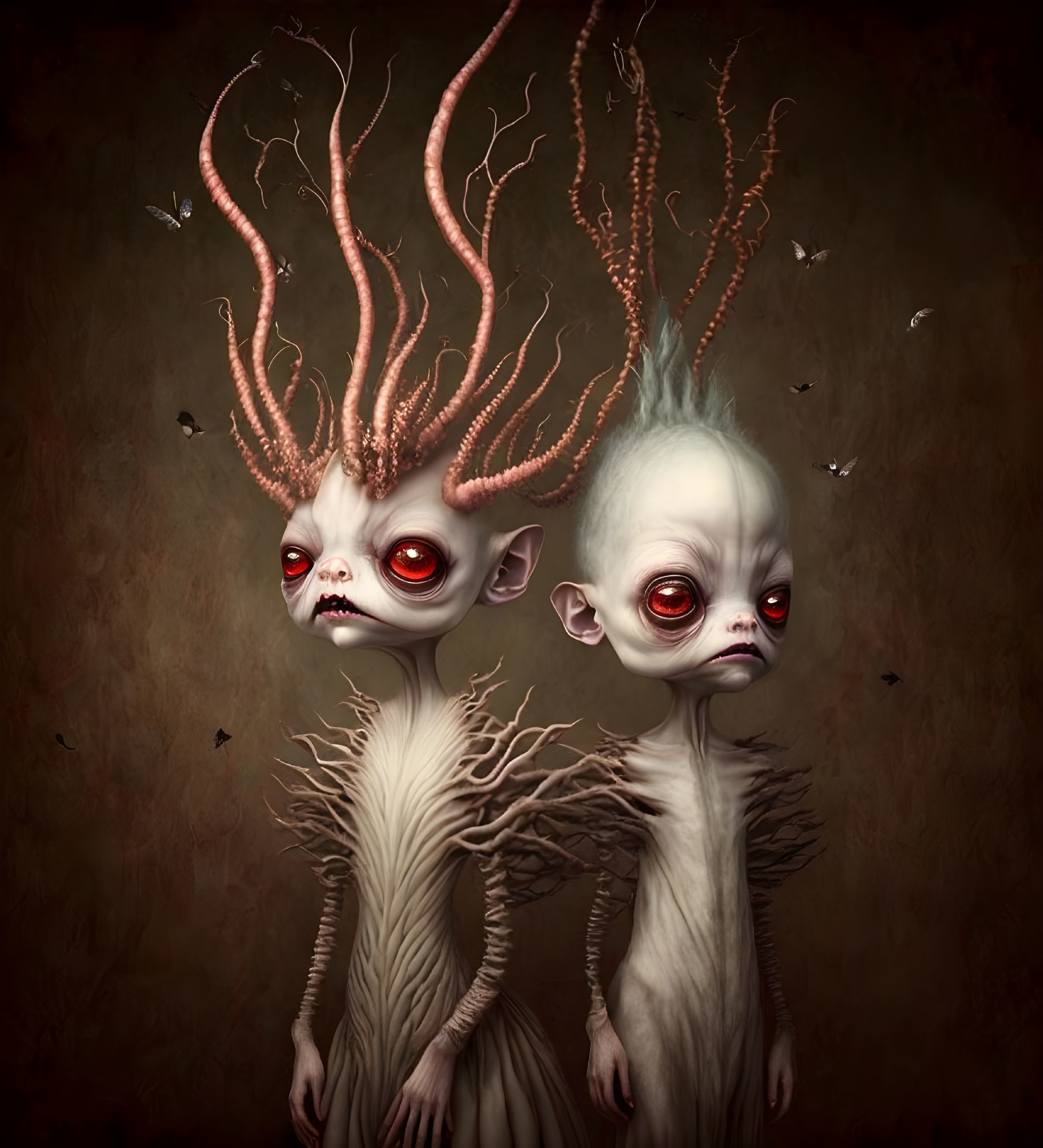 Illustrated humanoid creatures with pale skin, red eyes, and antlers, surrounded by dark butterflies