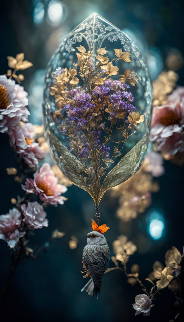 Orange-crested bird near egg-shaped terrarium with purple flowers