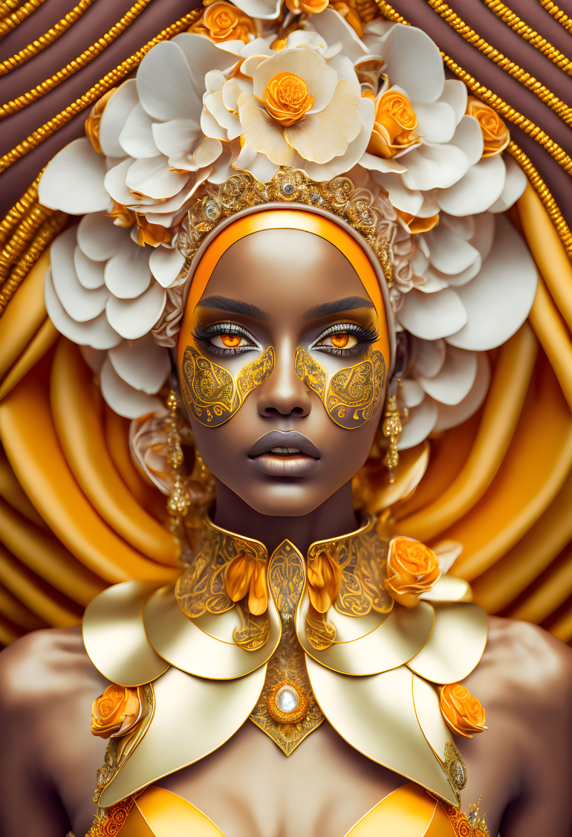 Detailed illustration of woman with golden face ornaments, orange headband, and floral hairstyle against swirling backdrop.