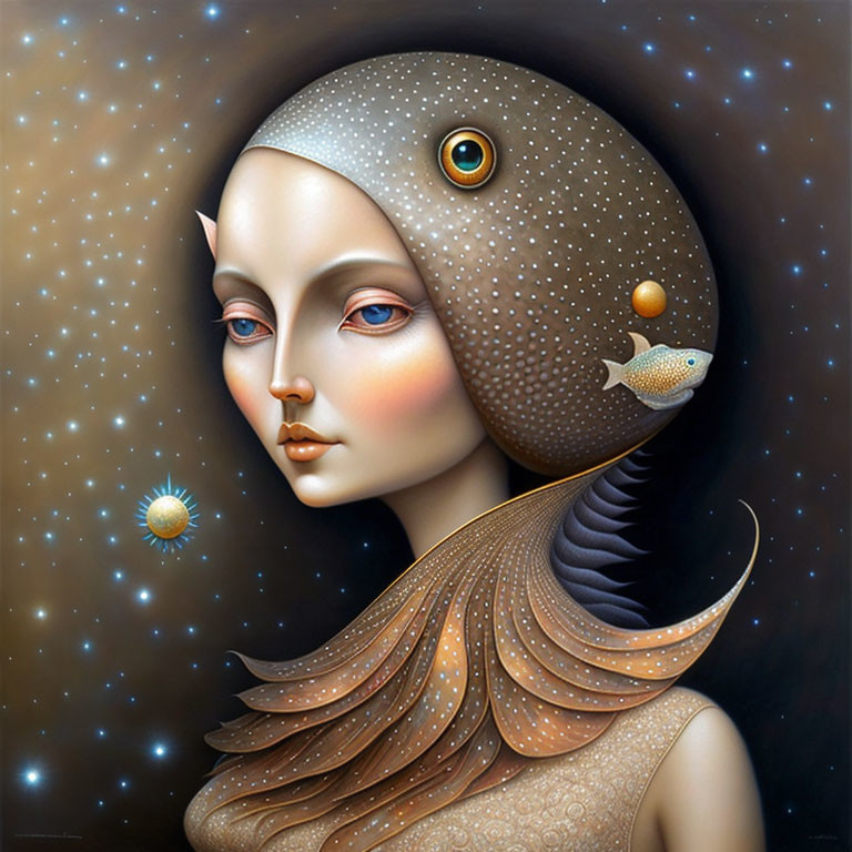 Surreal female portrait with cosmic-themed elements