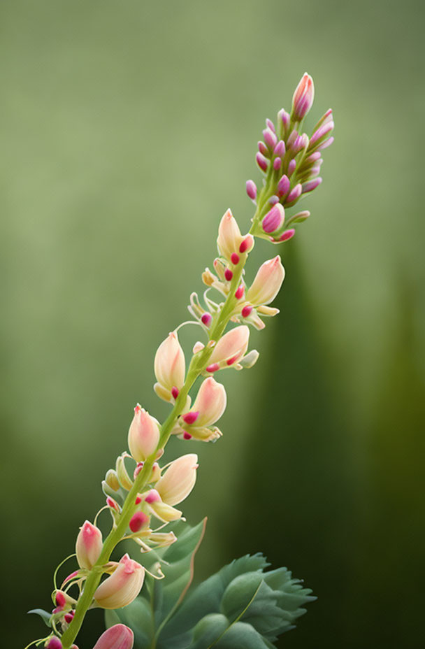 Softly focused pink and yellow flower spike with budding florets on green backdrop