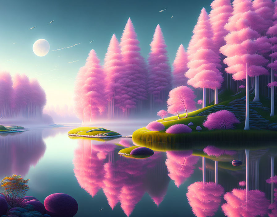 Vibrant pink trees in surreal landscape with reflective lake