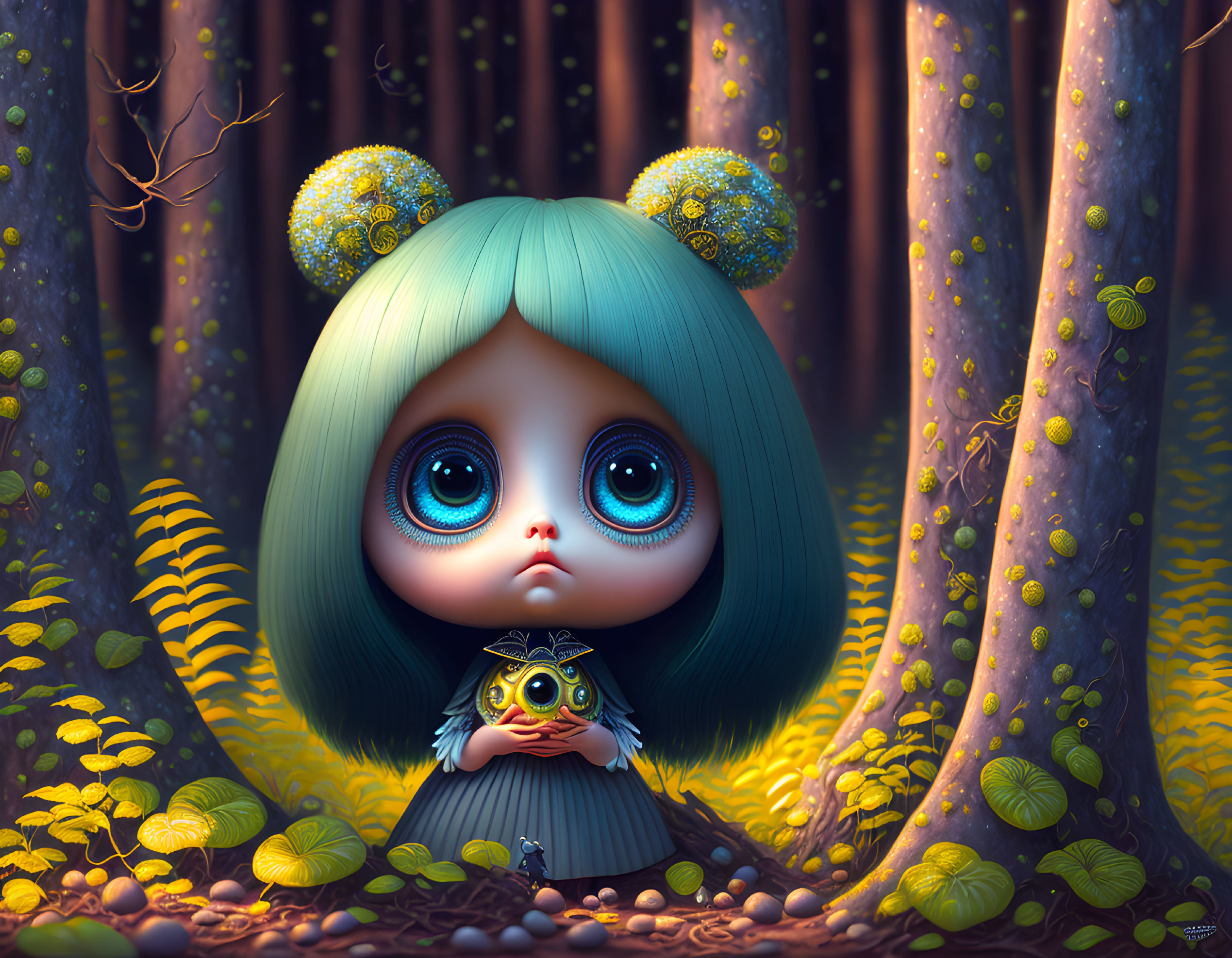 Wide-eyed character with teal hair holding a frog in whimsical forest scene