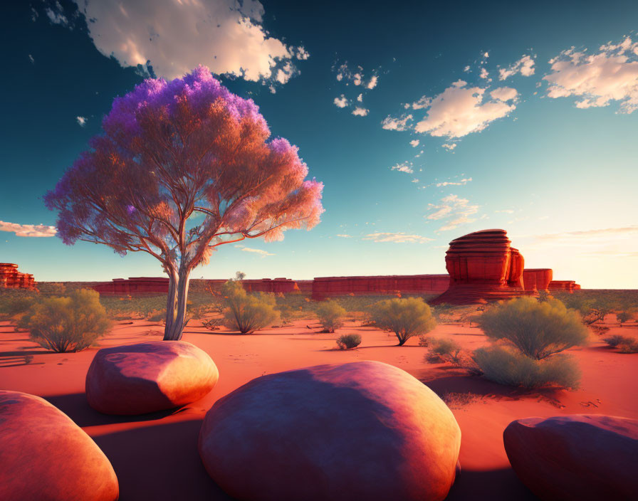 Colorful desert landscape with purple-leaved tree, red rocks, and sandy terrain under blue sky at