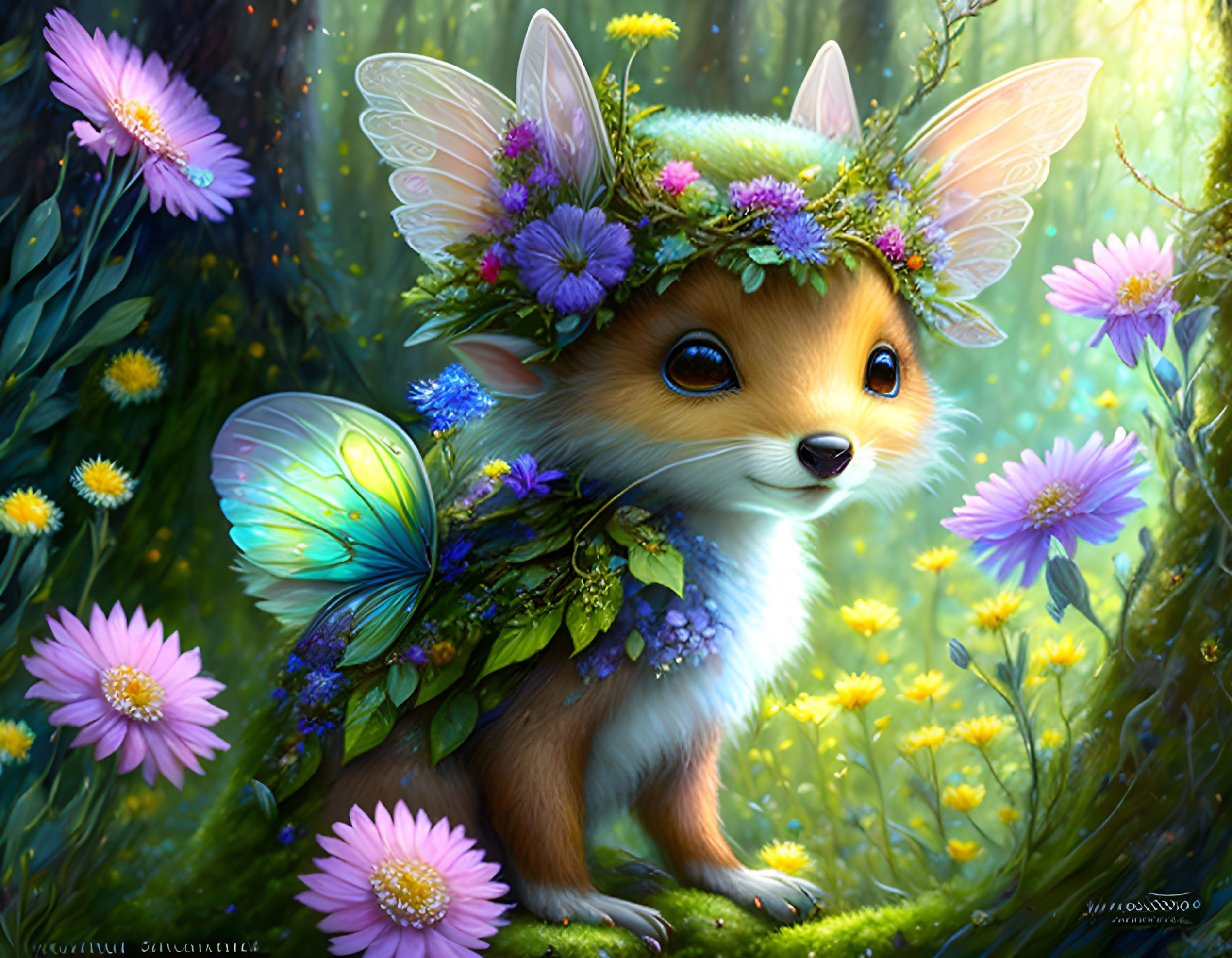 Whimsical fox with butterfly wings in enchanted forest illustration