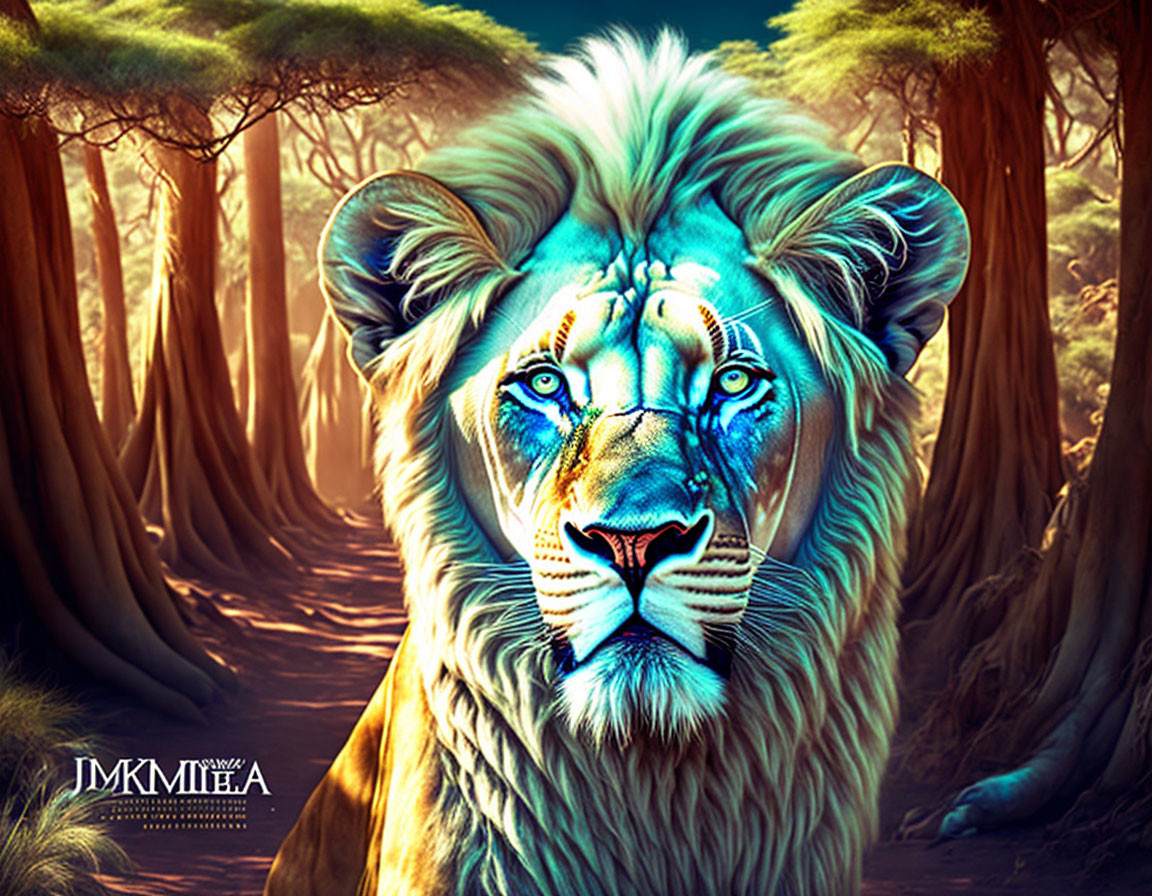 Majestic blue and white lion in mystical forest setting