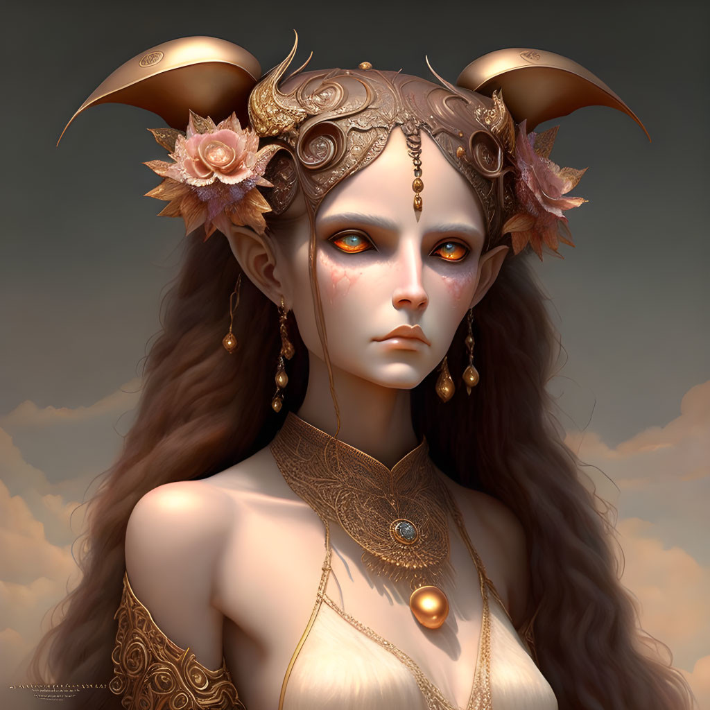 Female fantasy character portrait with horns, headpiece, and jewelry on brown backdrop