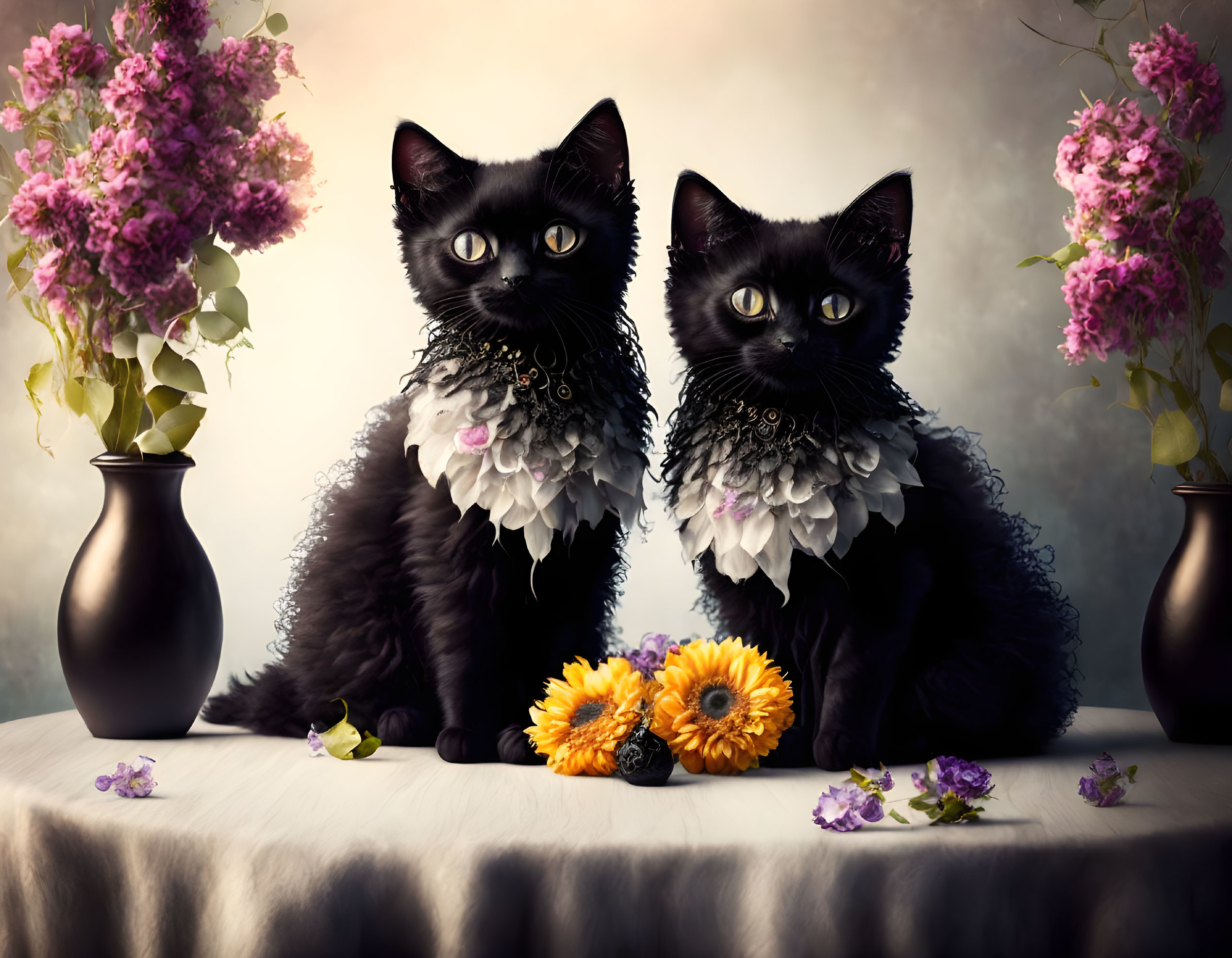 Two Black Cats with Ornate Collars Beside Pink Flowers and Orange-Purple Blooms