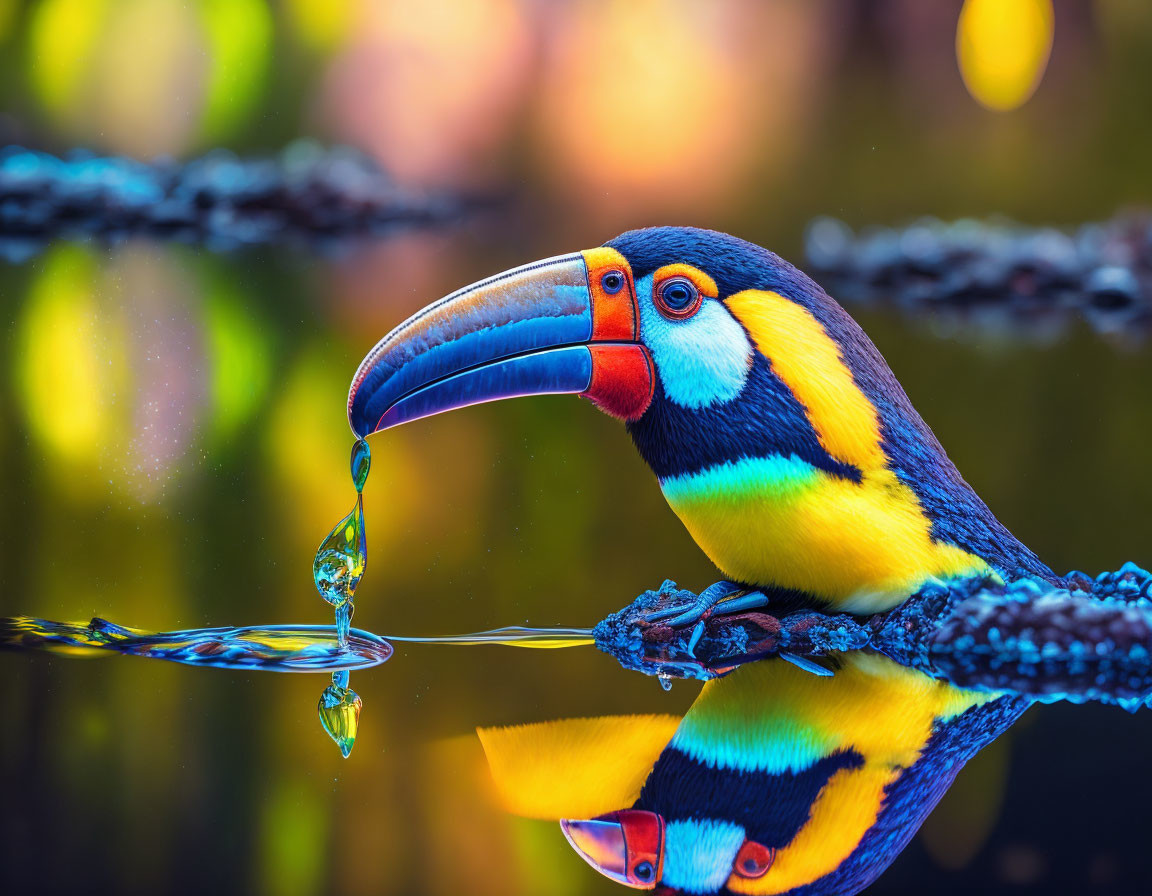 Vibrant toucan drinking water on branch with colorful background