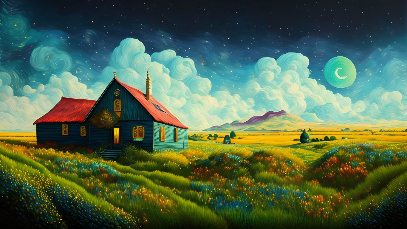 Vibrant blue and red house in whimsical landscape painting