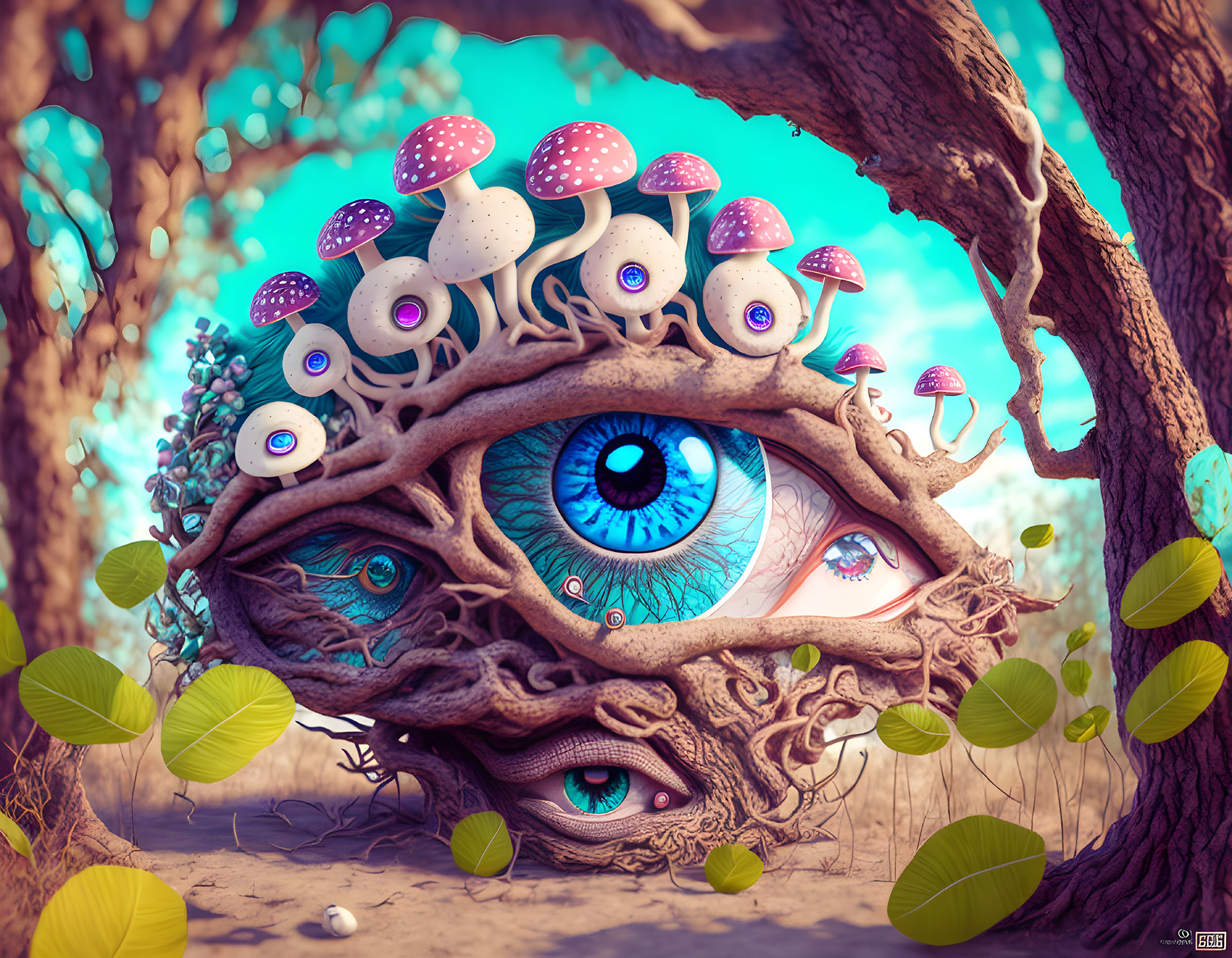 Surreal landscape with giant eye, trees, mushrooms, and roots