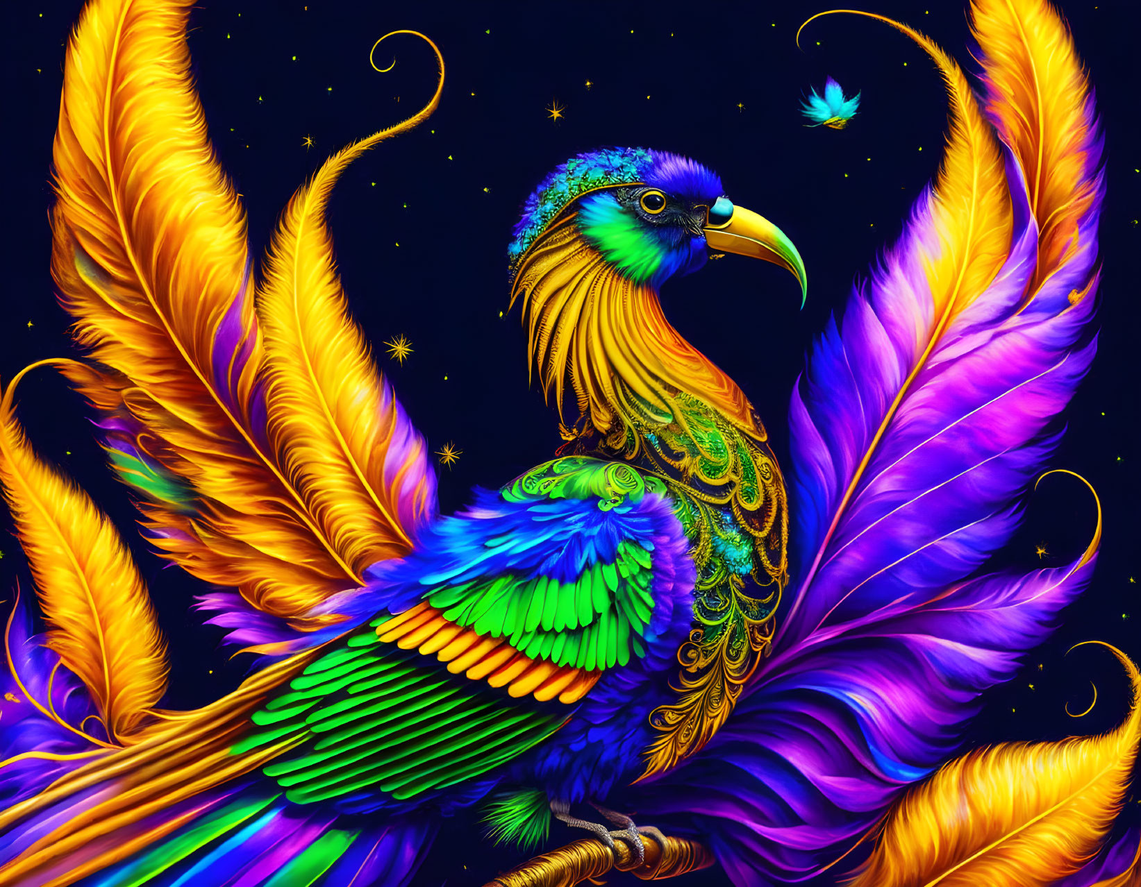 Colorful Bird Illustration with Gold, Purple, and Blue Plumage on Starry Background