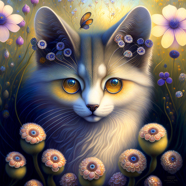 Whimsical illustration of fluffy cat in vibrant meadow