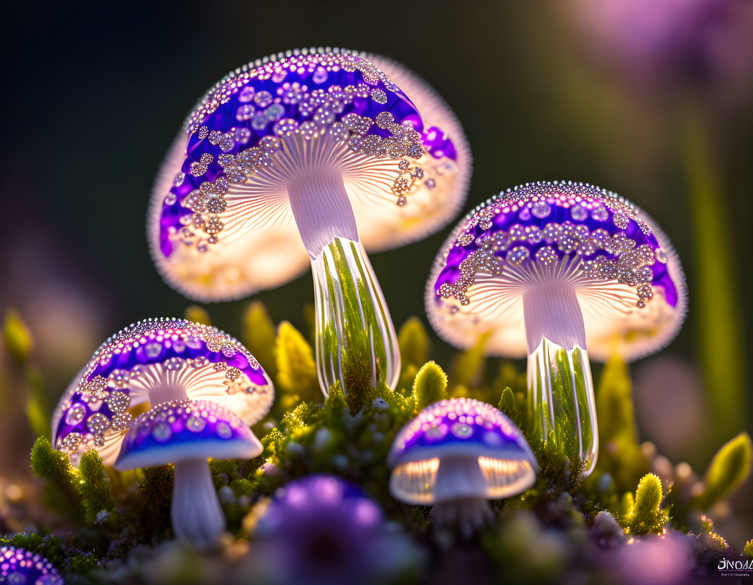 Violet-hued mushrooms with intricate patterns in green foliage