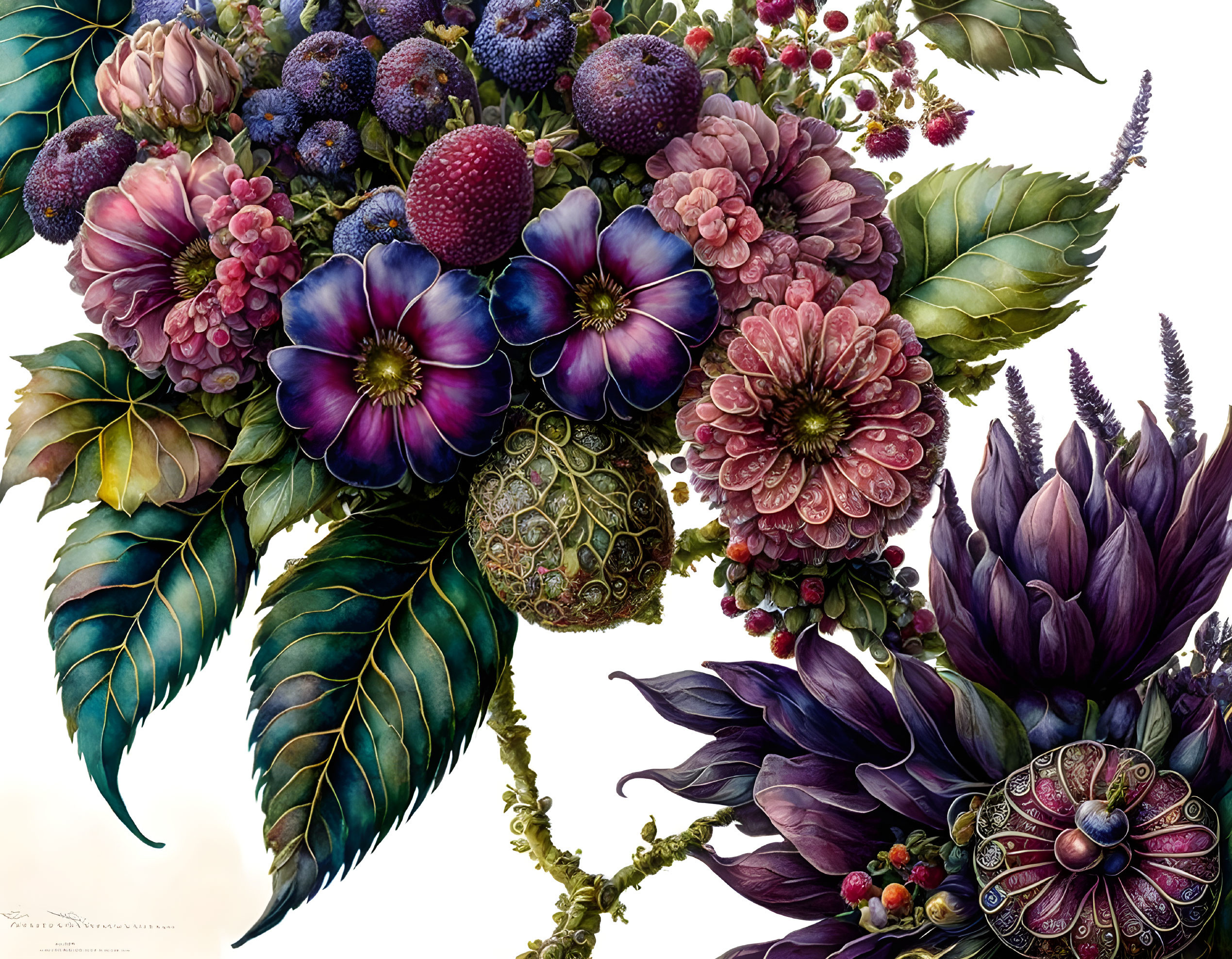 Colorful still-life painting of purple and pink flowers, berries, and fruits.