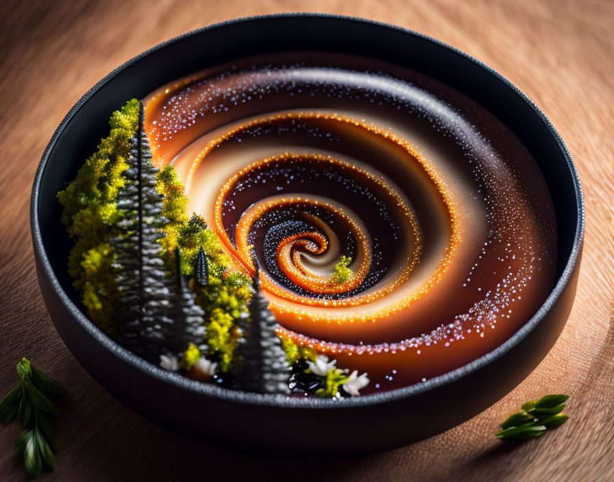 Forest Scene Culinary Dish with Swirl Pattern in Black Bowl on Wood Surface