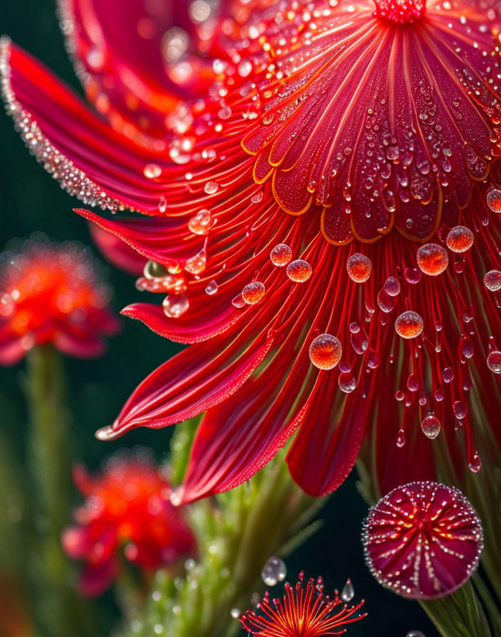 Vibrant red flower with water droplets and blurred background flowers