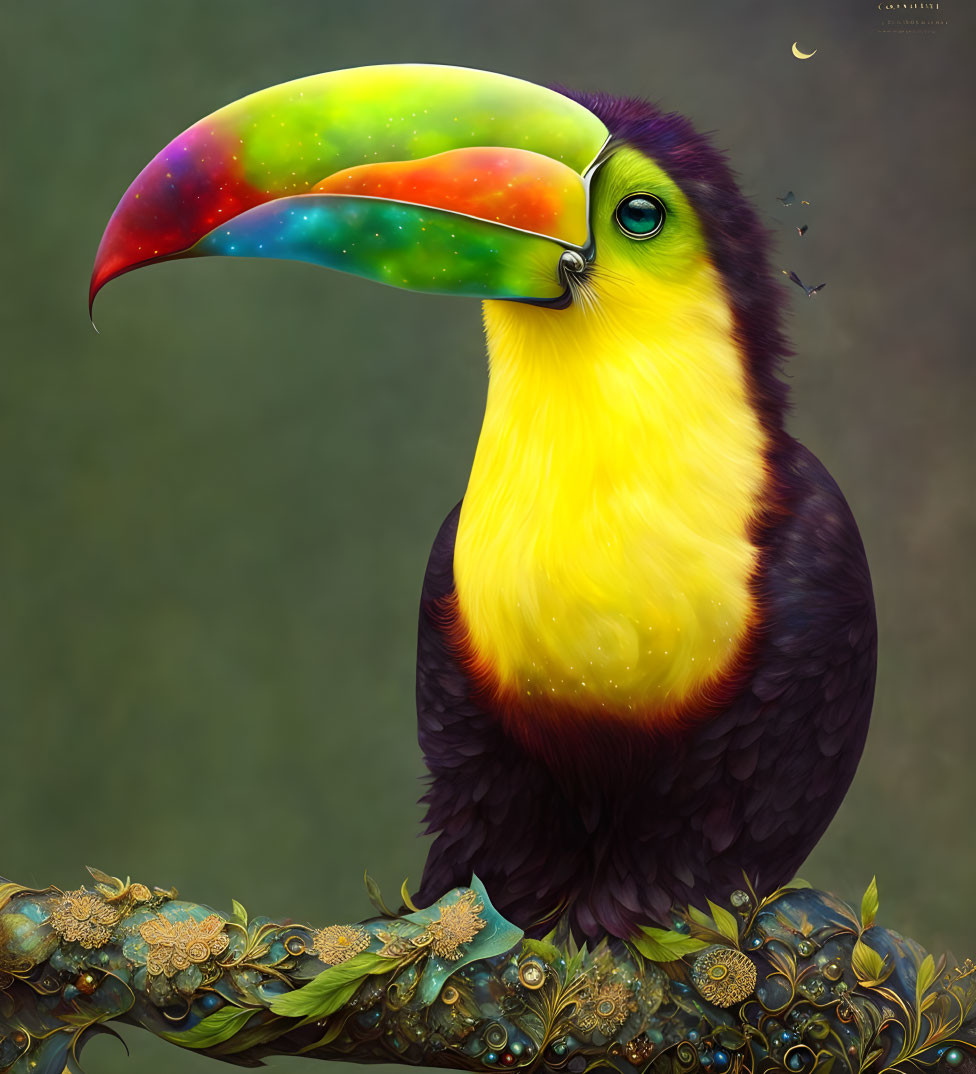 Colorful Toucan with Rainbow Beak on Golden Branch in Green Background