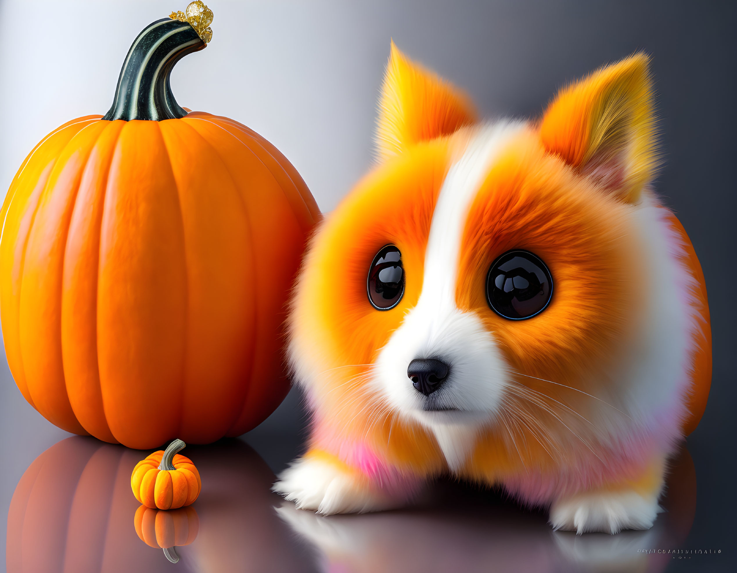 Stylized digital artwork: Fluffy dog with pumpkins