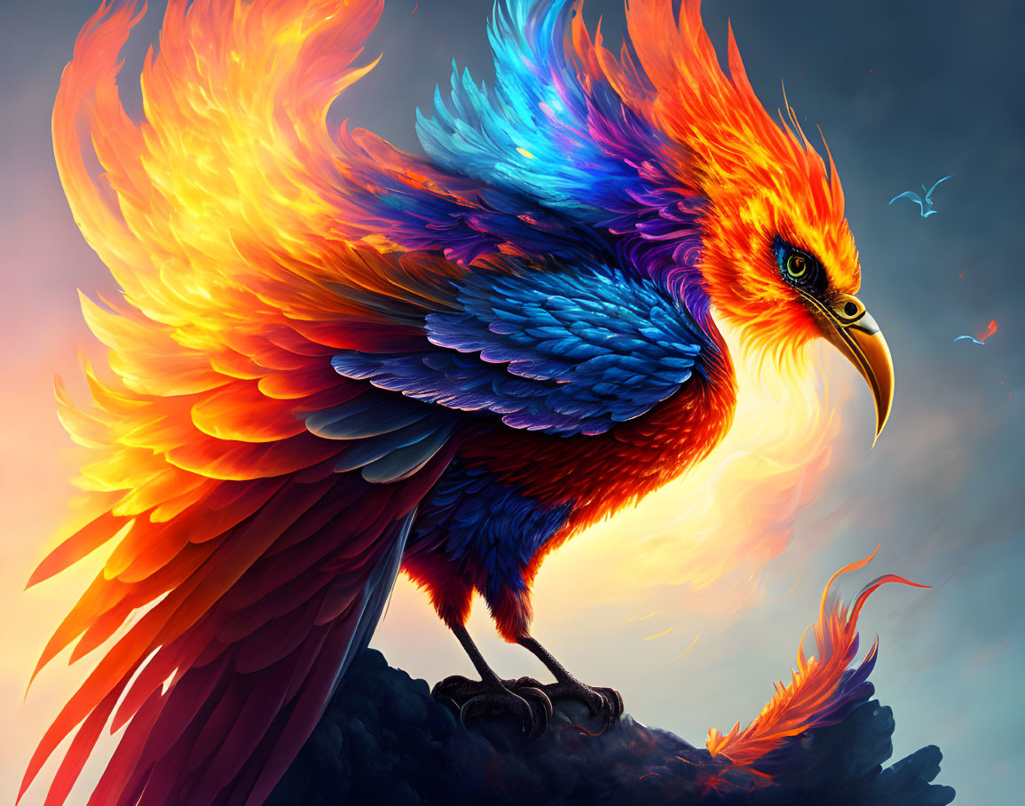 Colorful Phoenix with Fiery Feathers in Dynamic Sky