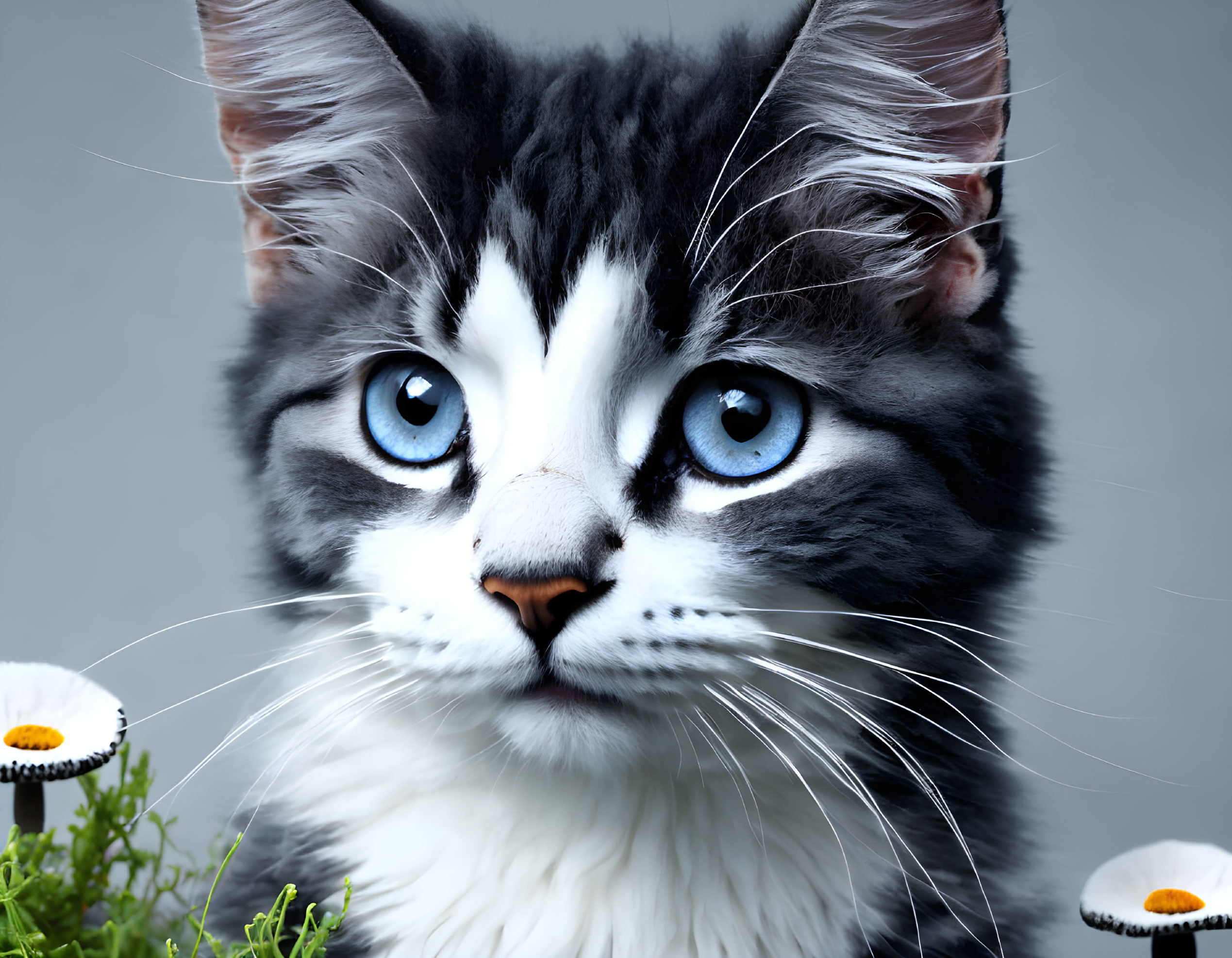 Fluffy Gray and White Cat with Blue Eyes Surrounded by Daisies