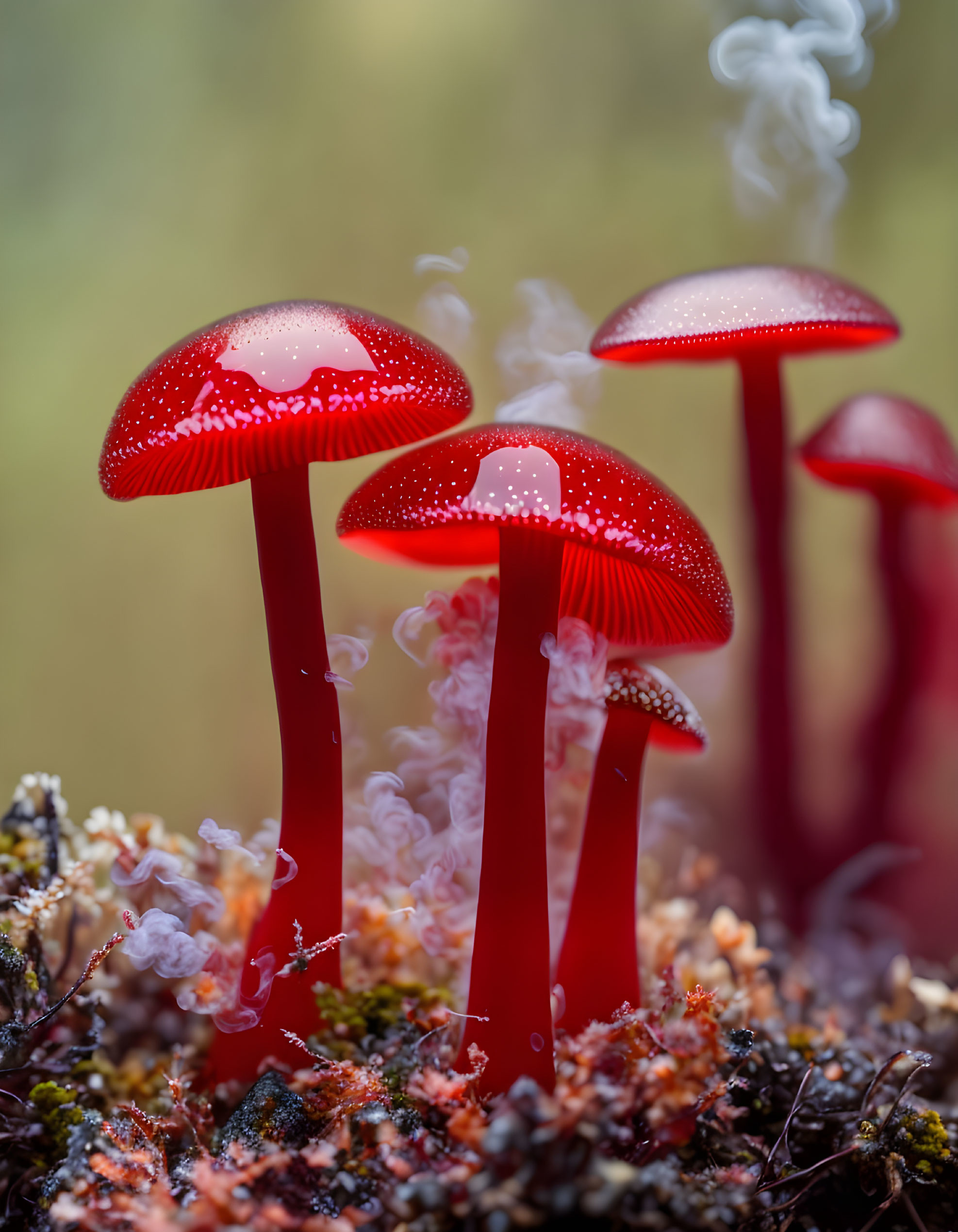 Vibrant red mushrooms with white spots in mystical forest setting